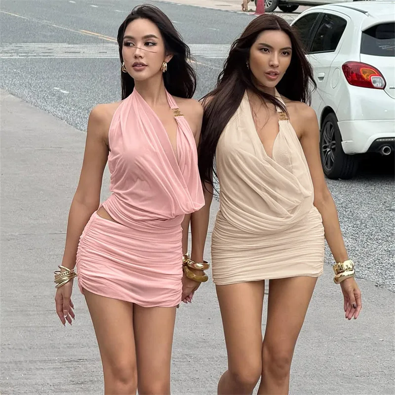 Sexy Mesh Skirts Sets Women Slim Halter Neck Backless Sleeveless Tops Mini Skirt Female 2026 Summer Fashion Club Lady Sets Y2k