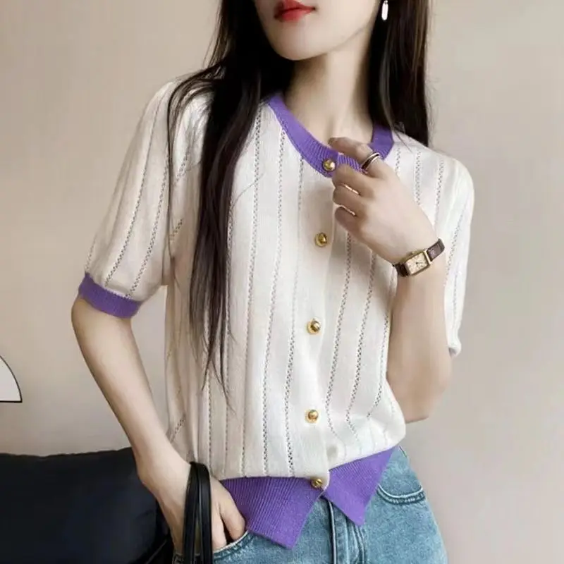 Women Clothing Chic Solid Patchwork Cardigan Summer Casual O-neck Short Sleeve Hollow Out Top All-match Button Knitted T-shirts