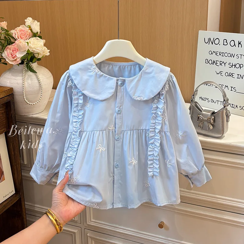 

2026 Spring Korean French Style Kids Girls 100% Cotton Long Sleeve Ruffle Doll Blouse Cute Tops for 90-160cm
