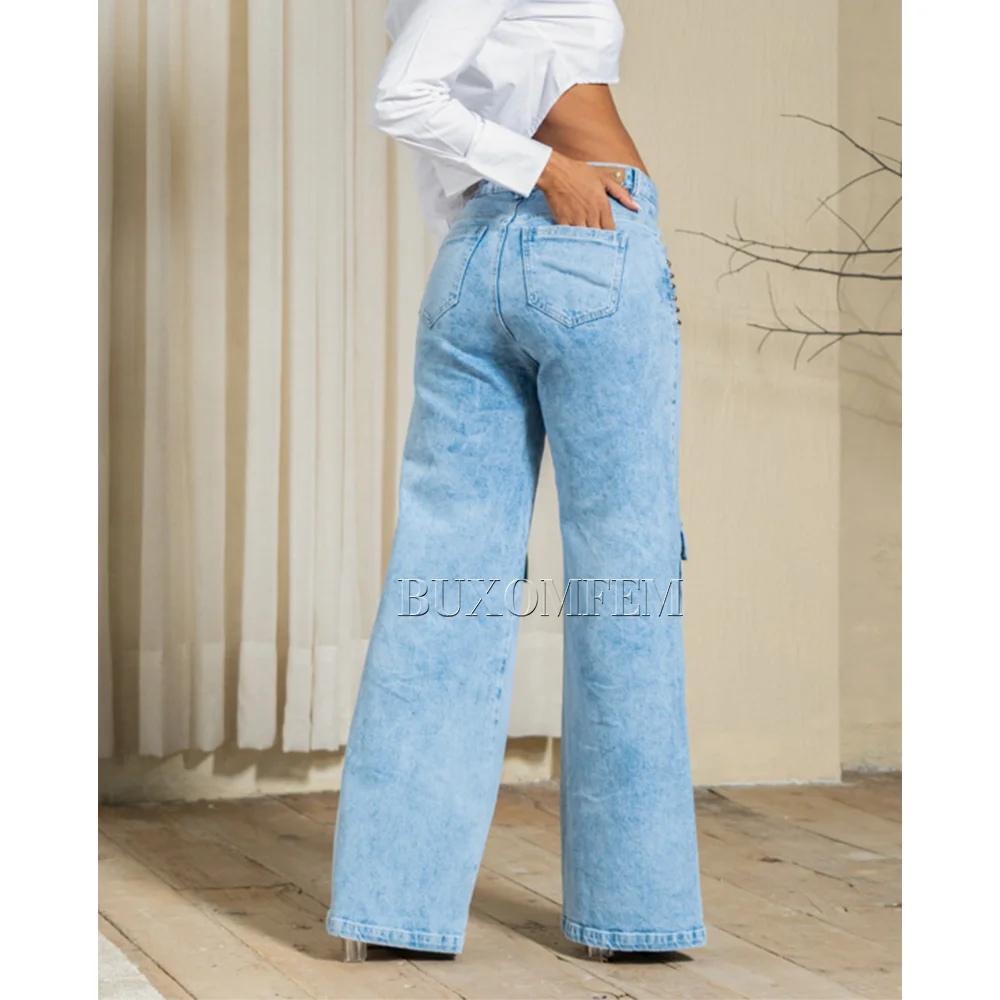 Baggy Jeans with Beaded Pockets Unique Individualretro Stylish Blue Y2k Streetwear Loose Full Length Straight Pant Outwear 2024