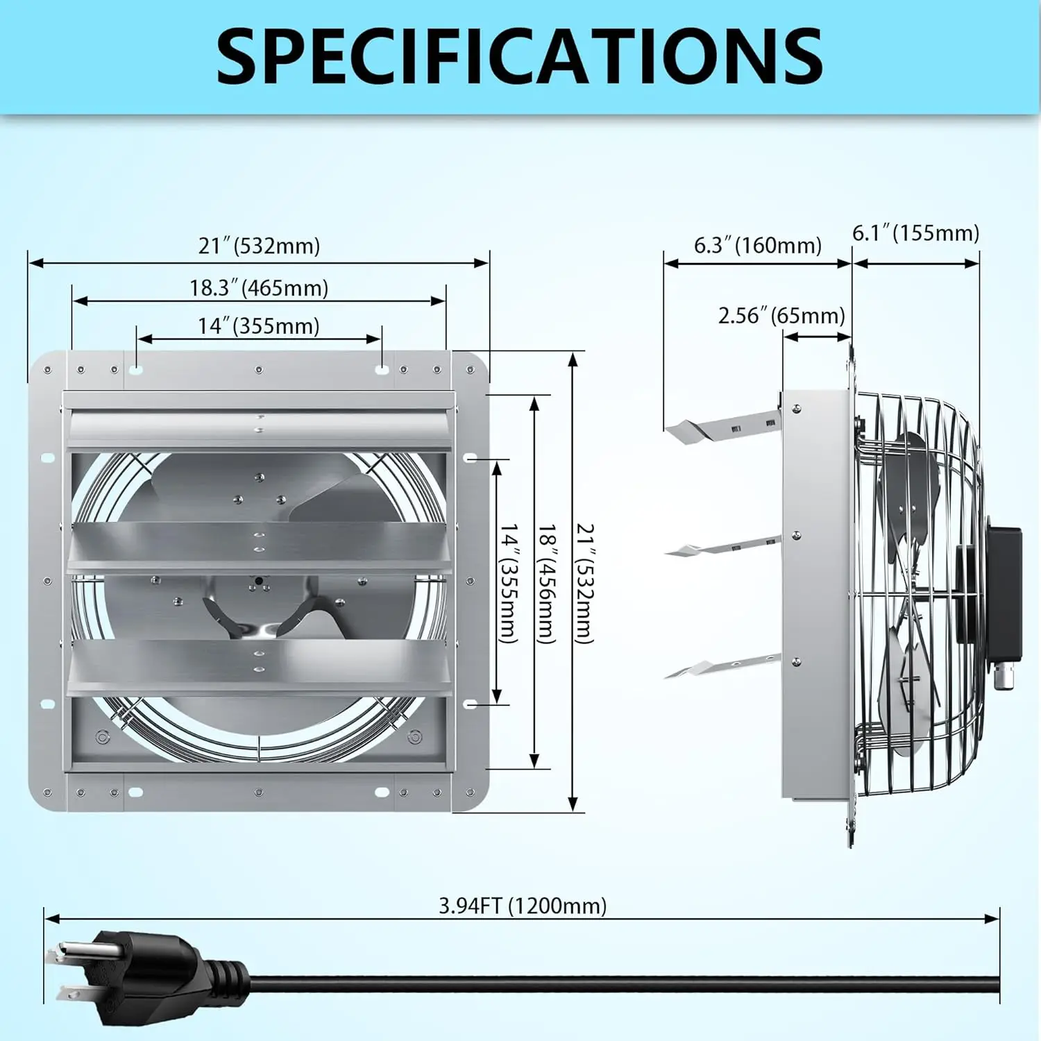 Shutter Exhaust Fan, Aluminum Wall Mounted Exhaust Fan, 2678 CFM High Speed Automatic Shutter Attic Fan, Vent Fan For Greenhouse