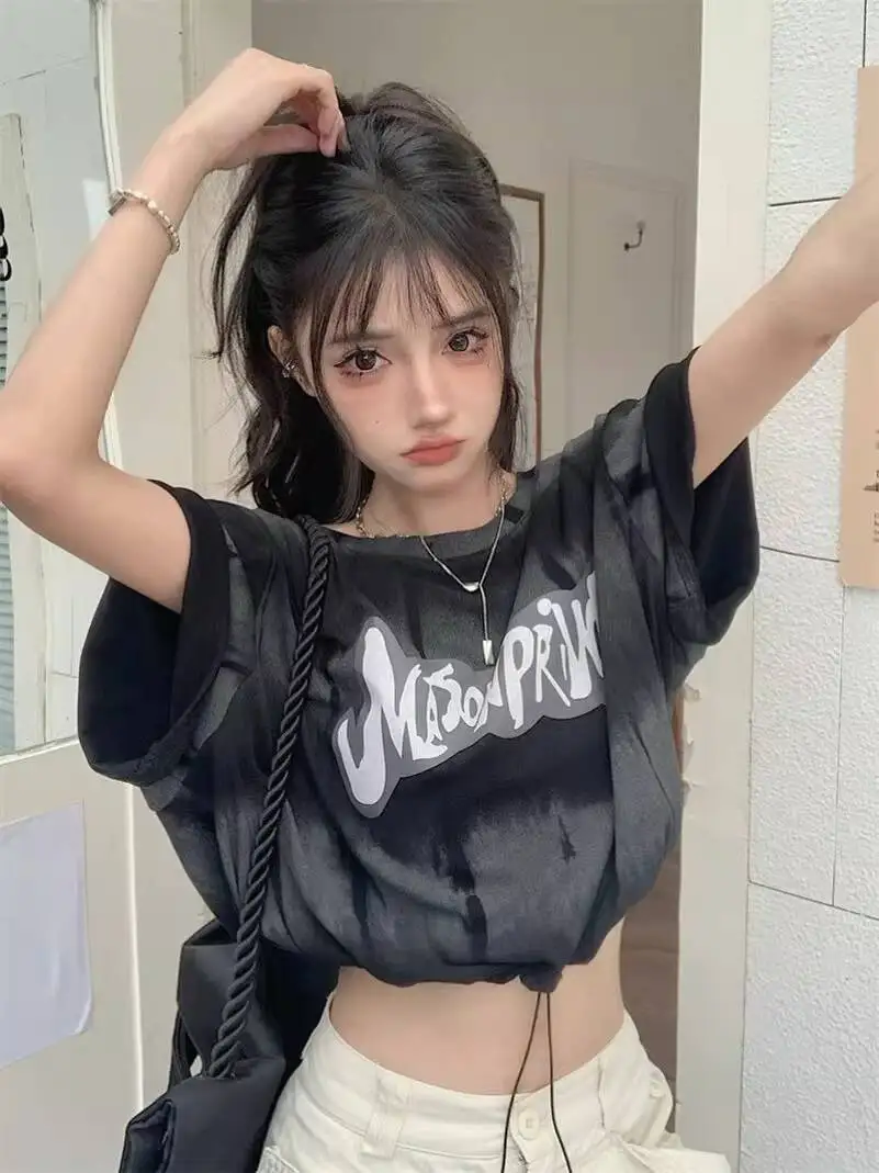 

Women's Jazz Dance Crop Top 2026 Spring American Sweet Tie Dye Cutout Drawstring Short Sleeve Backless T Shirt