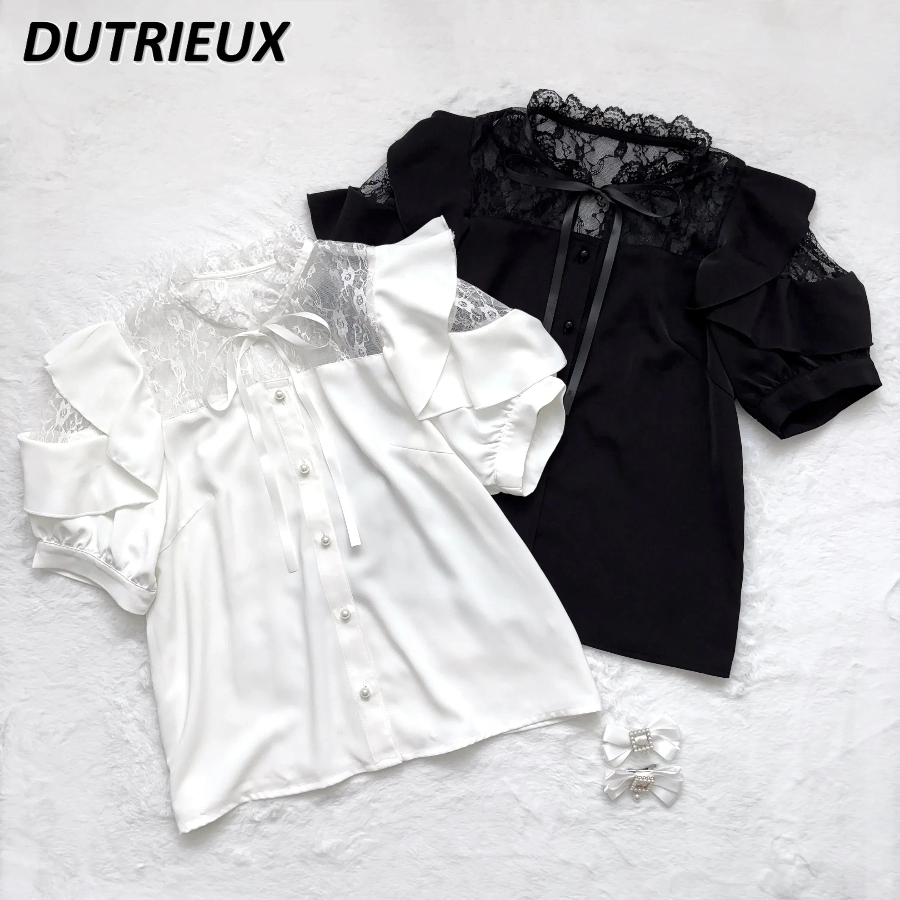 Lace Casual Elegant Blouses Female Spliced Ruffle Edge Short-sleeved Shirt Lolita Japanese Style Fashion Women's Tops Summer