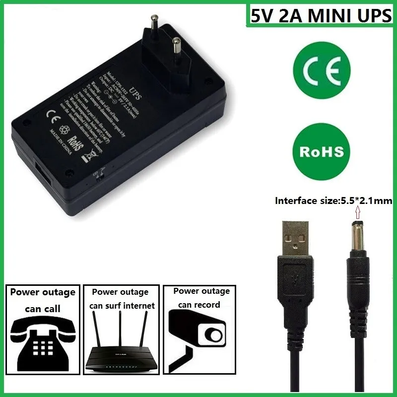 

Мини-адаптер 5V2A AC/DC, ИБП (источник бесперебойного питания) для обеспечения аварийного резервного питания камер видеонаблюдения со встроенным аккумулятором