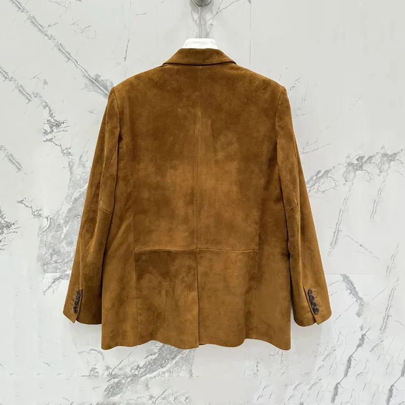 Echte leren jas 2025 Nieuwe mode damesjas voorjaar en herfst Suède leren pakstijl Dubbele rij knopen