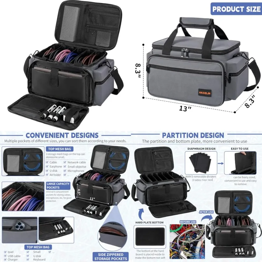

AKOZLIN Cable File Bag with Detachable Dividers for DJ Gear, Sound Instrument Accessories