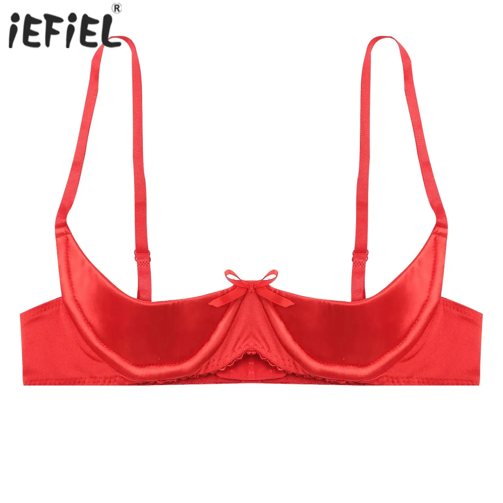 Womens Lingerie Spaghetti Straps Push Up Shelf Bra Satin Half Cup Underwired Bra Exposed Nipples Open Chest Bralette Underwear