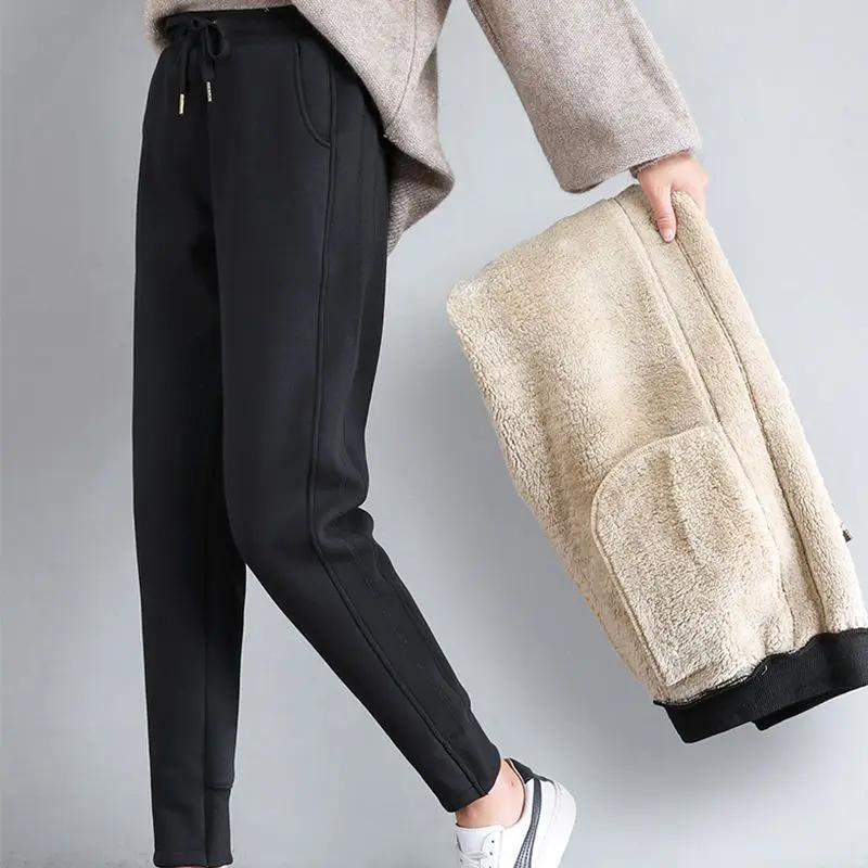 Women's Autumn Winter Flocking Elastic High Waist Pockets Drawstring Solid Harlan Feet Cargo Trousers Fashion Vintage Pants