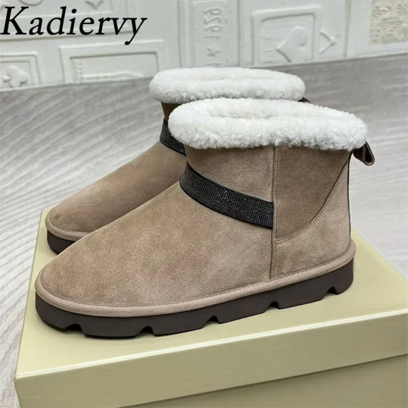 

Hot Sales Snow Boots Woman Round Toe Slip-on Wool Warm Shoes Woman Chain String Beads Ankle Boots Winter Flat Short Boots Women