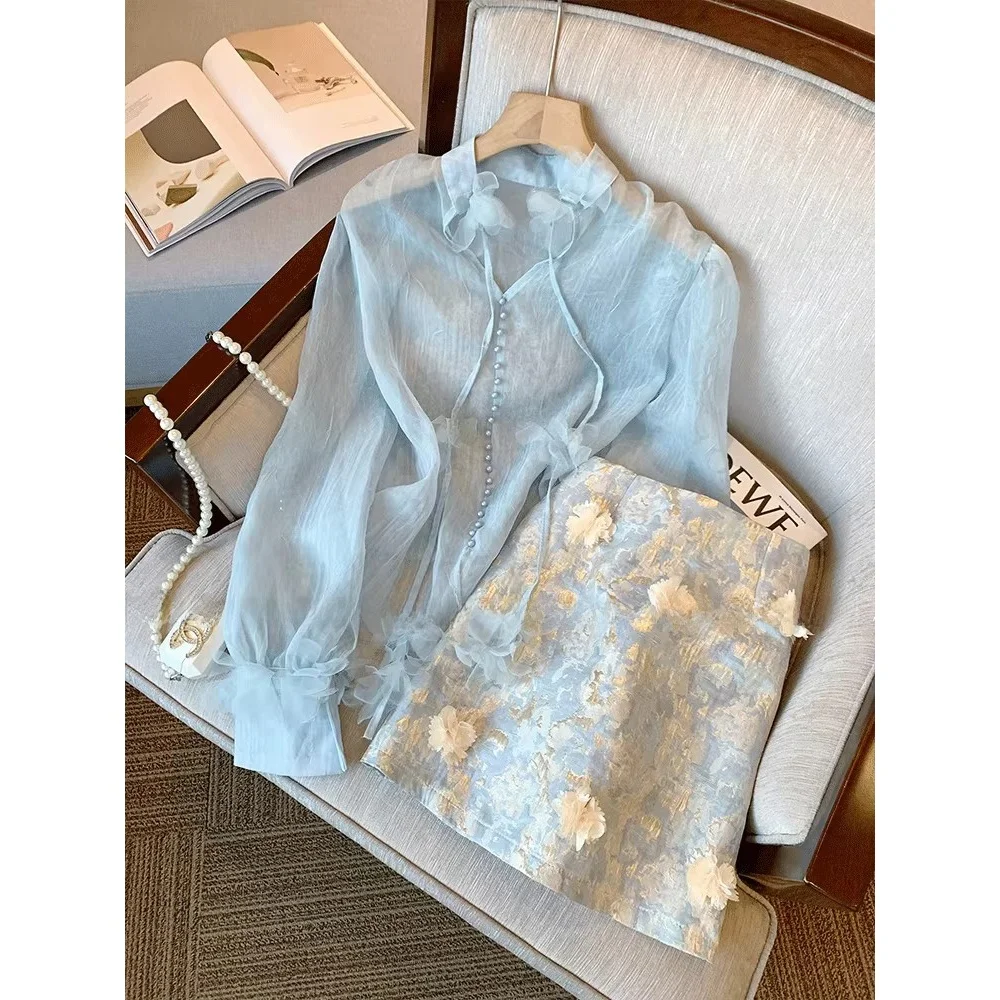 

Blue Floral Tie-Dye Chiffon Shirt Women's Lightweight Sun Protection Top Spring Summer New Style Gentle Aged-Down Thin Shirt