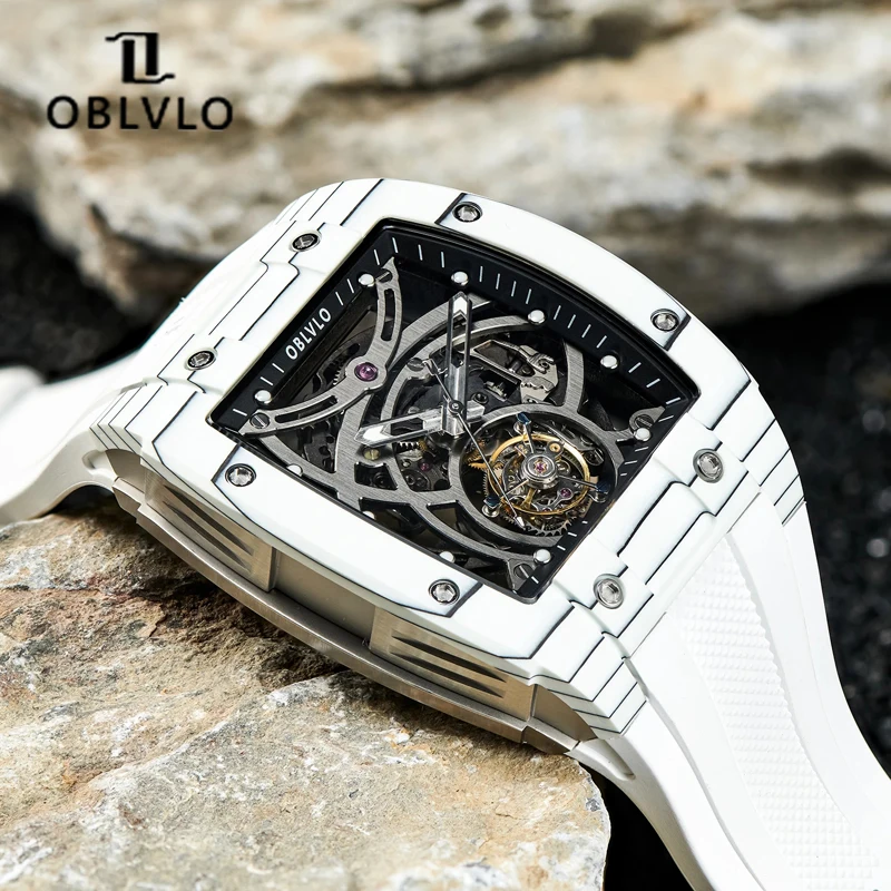 OBLVLO White Carbon Fiber Case Automatic Mechanical Men Watches Flying Tourbillon Watch Male Luminous Waterproof Clock