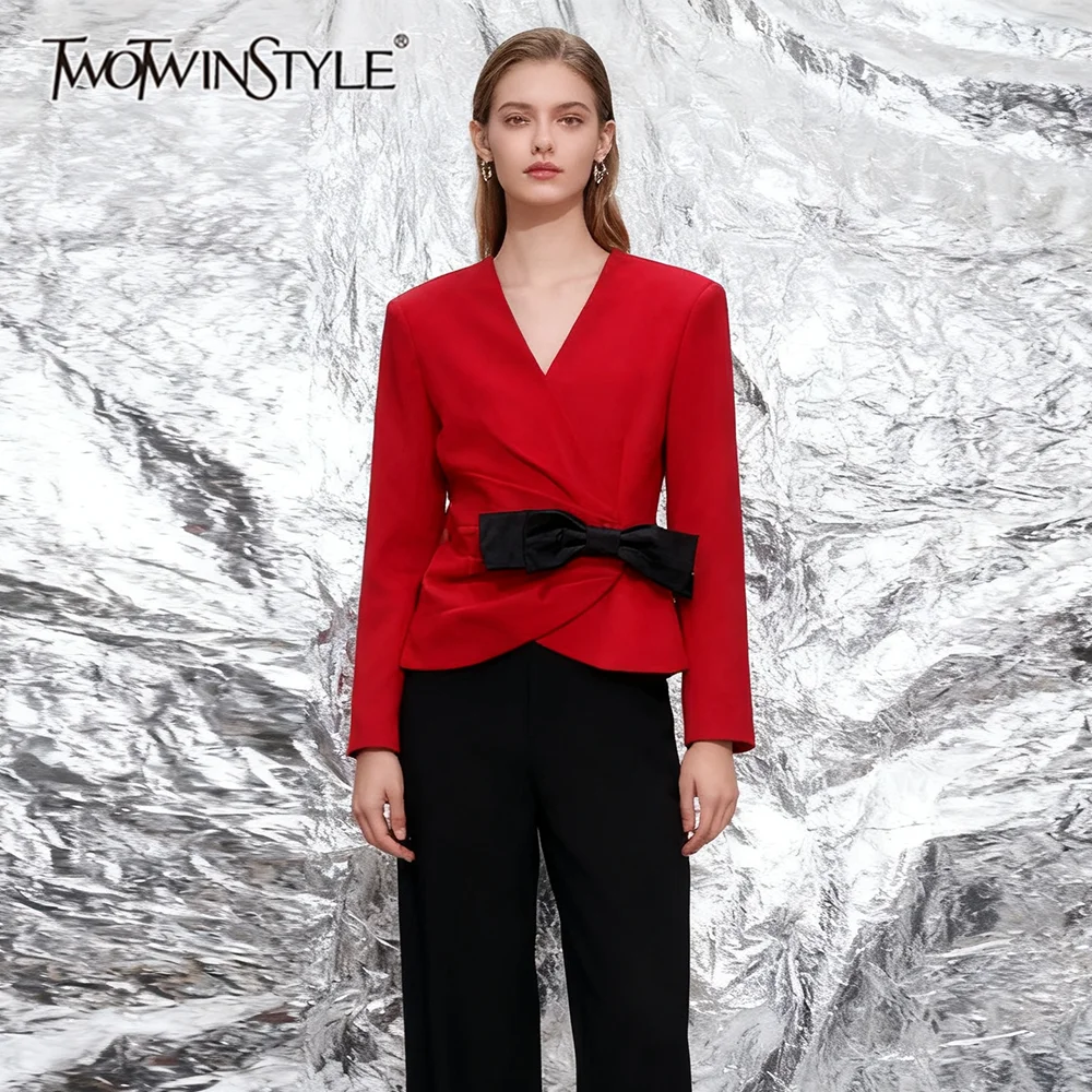 TWOTWINSTYLE Eleganckie marynarki damskie z kokardą, dekolt w serek, długi rękaw, patchworkowe, marszczone, krótkie marynarki damskie, nowość