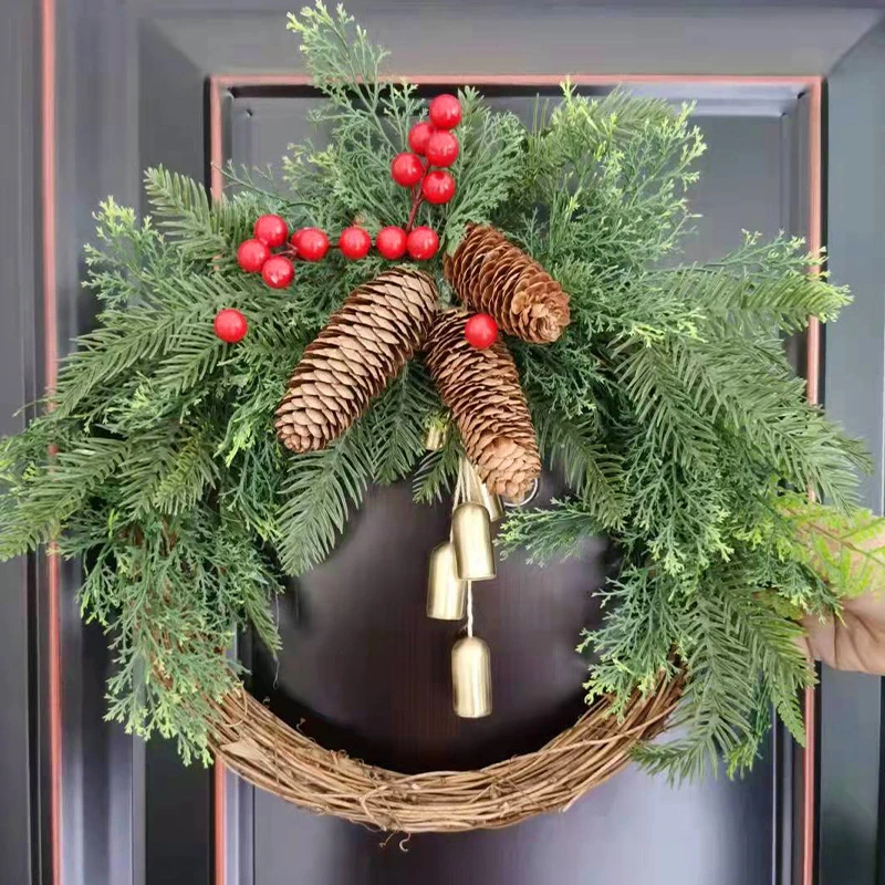 

Farmhouse Christmas Wreath With Bells Door Pine Cone Decoration Artificial Geen Plants Simulation Flower Vine New Year Garland