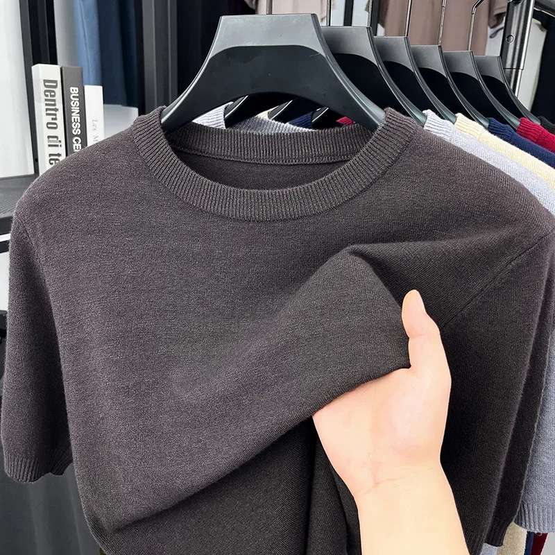 Herren Einfarbige Rundhals Kurzarm Strick-T-Shirts Lässige Basis-Oberteile Weich Dehnbar Knitterfrei Für Alle Jahreszeiten Tägliches Tragen