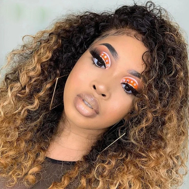 Ombre Brown Blonde Preplucked Glueless 180Density Deep Wave Curly 26Inch Long Lace Front Wig For Black Women With BabyHair Daily