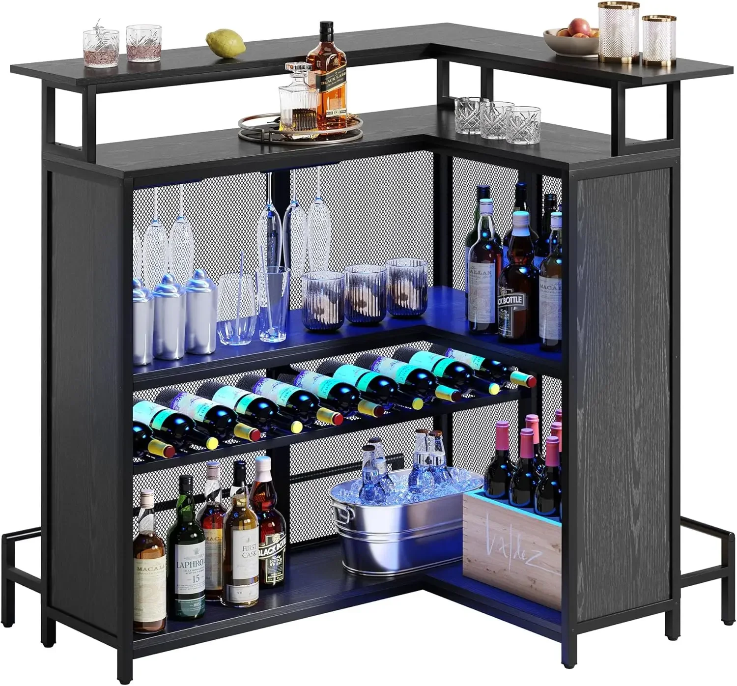 Shaped Mini Home Bar Unit for Living Room with Music Sensing LED Light, Tall Bars Furniture Table with Wine Rack