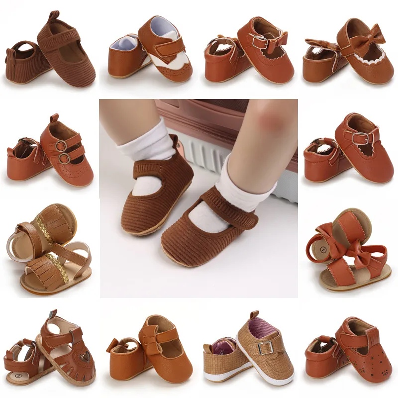 Newborn Soft Soles Brown Girl Boy Shoes Non-Slip Rubber Soles Cute Big Bow Princess Shoes Breathable Leather Baby Walking Shoes
