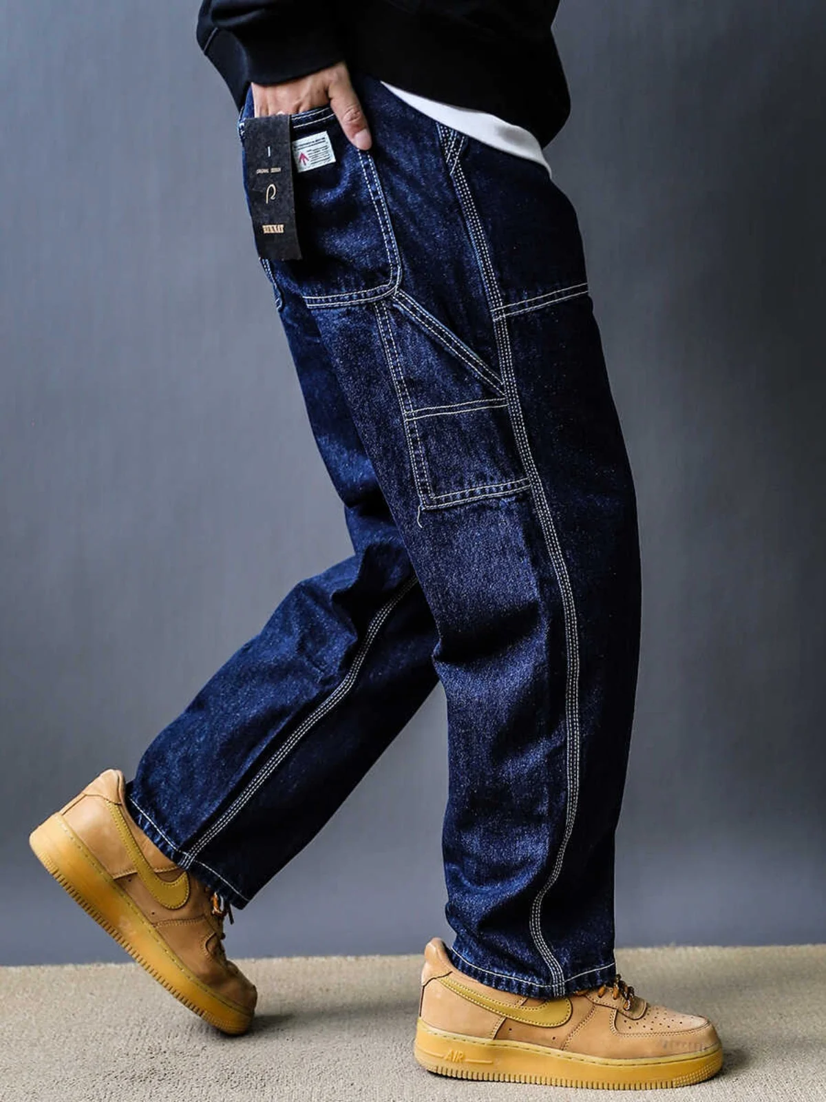 

Loose Straight Leg Men's Workwear Jeans Deep Color Casual Spring Autumn Low Waist Long Pants Modern Sle Youth Faion