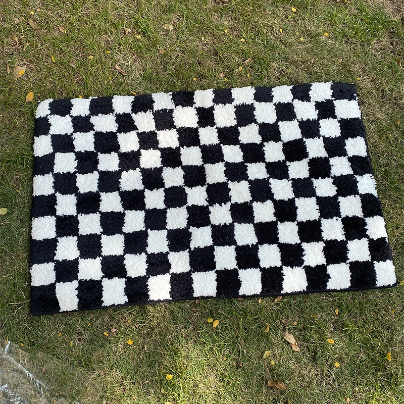 Nordic Checkerboard พรม Soft Tufting ใส่ประตูพรมปูพื้นพรมดูดซับห้องน้ำฟุตแผ่นห้องน้ำห้องครัวประตู Mats