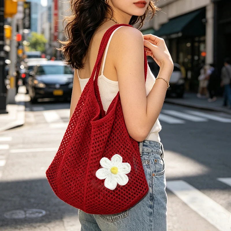 Trendy Bohemian Shoulder Bag Hollow out Straw Weave Handbag Large Capacity Lazy Style Beach Tote Bag for Shopping