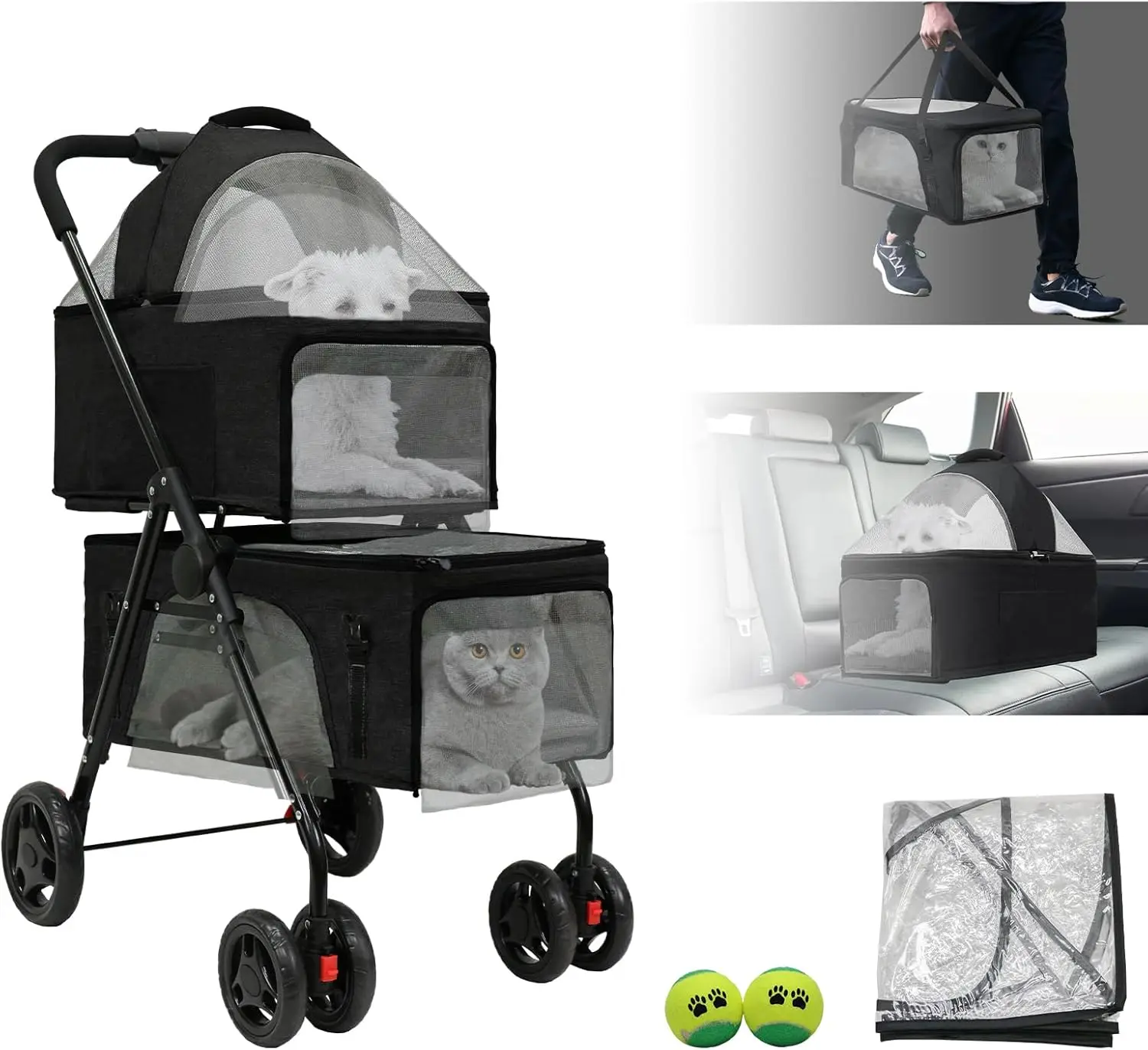 

Double Pet Stroller for Small Dogs & Cats | Detachable Carriers | Lightweight Design | 4 Lockable Wheels