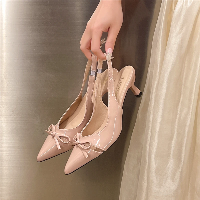 

Bare color high-heeled shoes 2026 summer elegant open-toe bow-cutout transparent fairy hat-style heelless sandals - large size