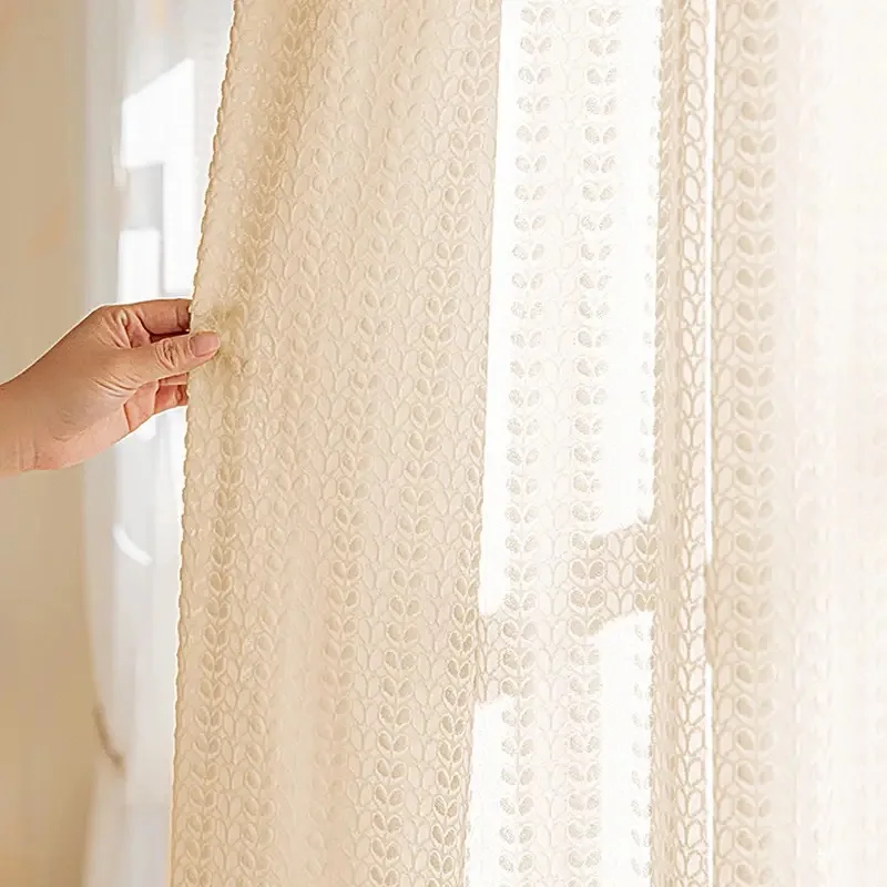 Luxury French Milk Tea Color Embossed Floral Elegant Custom Size Curtains for Living Dining Room Bedroom Decor White Tulle