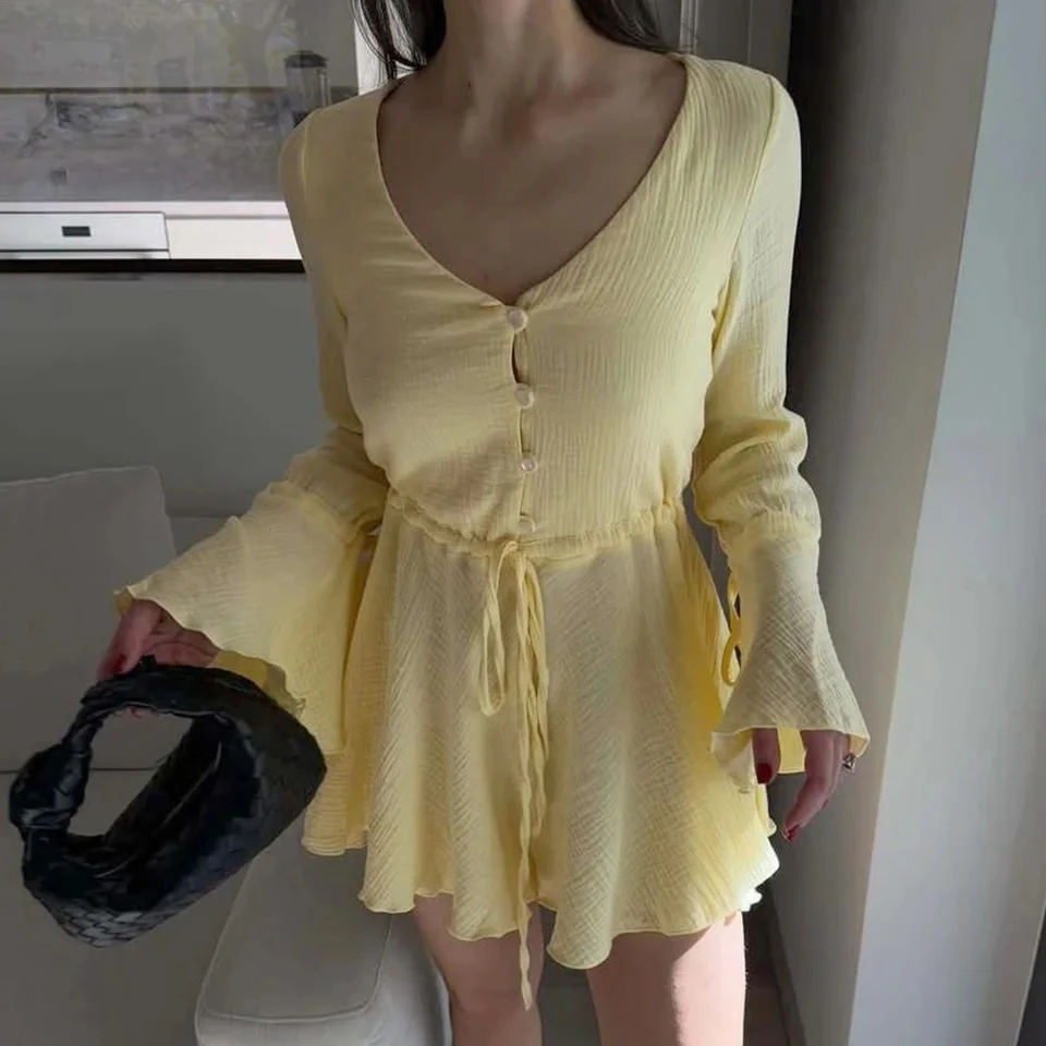

2026 Spring Summer New Tie Waist Yellow Pure Cotton V Neck A Line Short Skirt Long Sleeve Dress Women Elegant