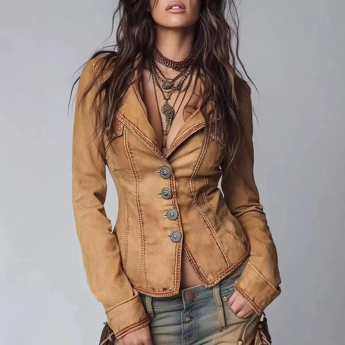 

2025 New Arrival Women's Fashion Vintage Jacket - Long Sleeve Buttoned Lapel Distressed Blazer-Style Top for Autumn