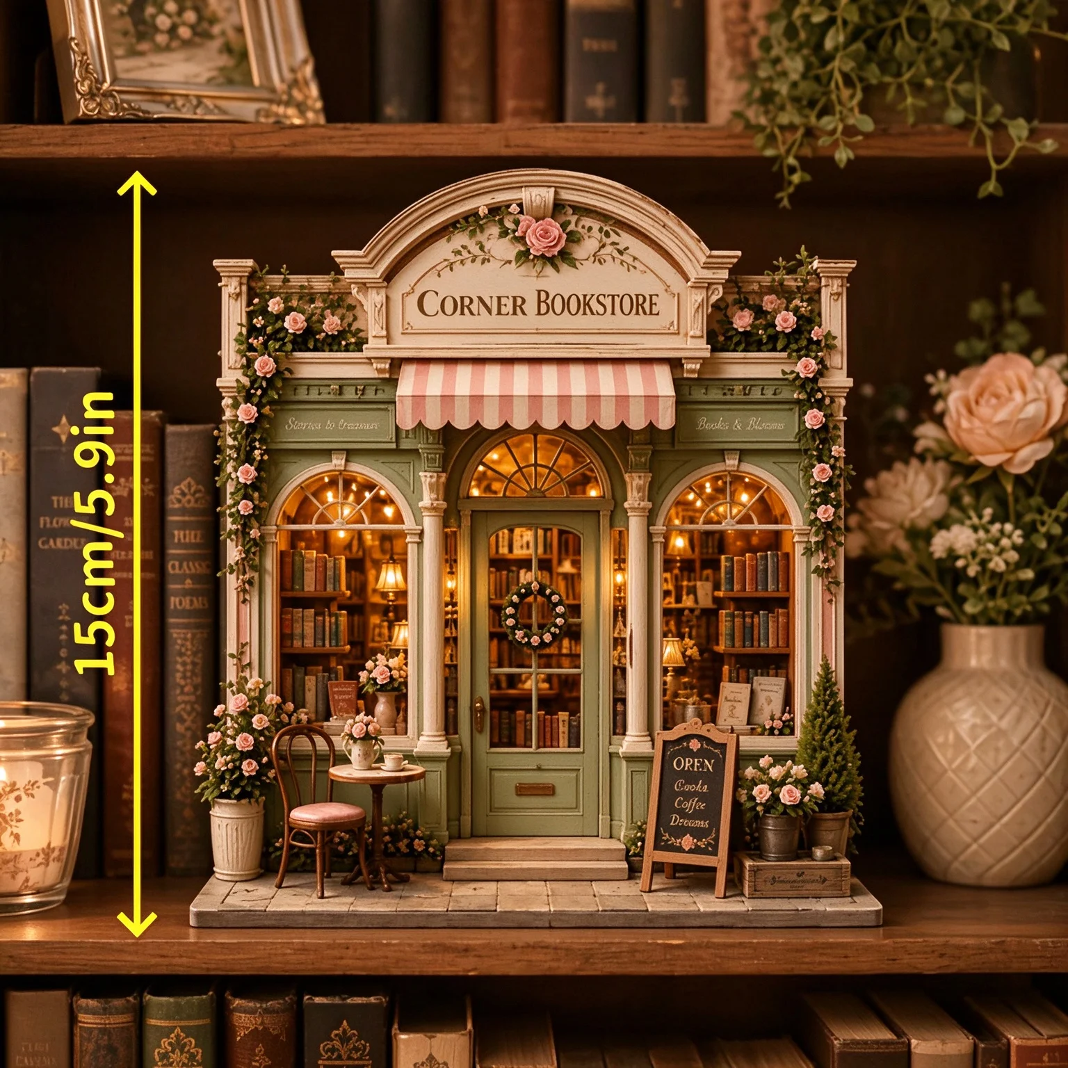 2D retro street corner bookstore, multi-layer double-sided wooden desktop decoration with pictures, European fairy tale cottage