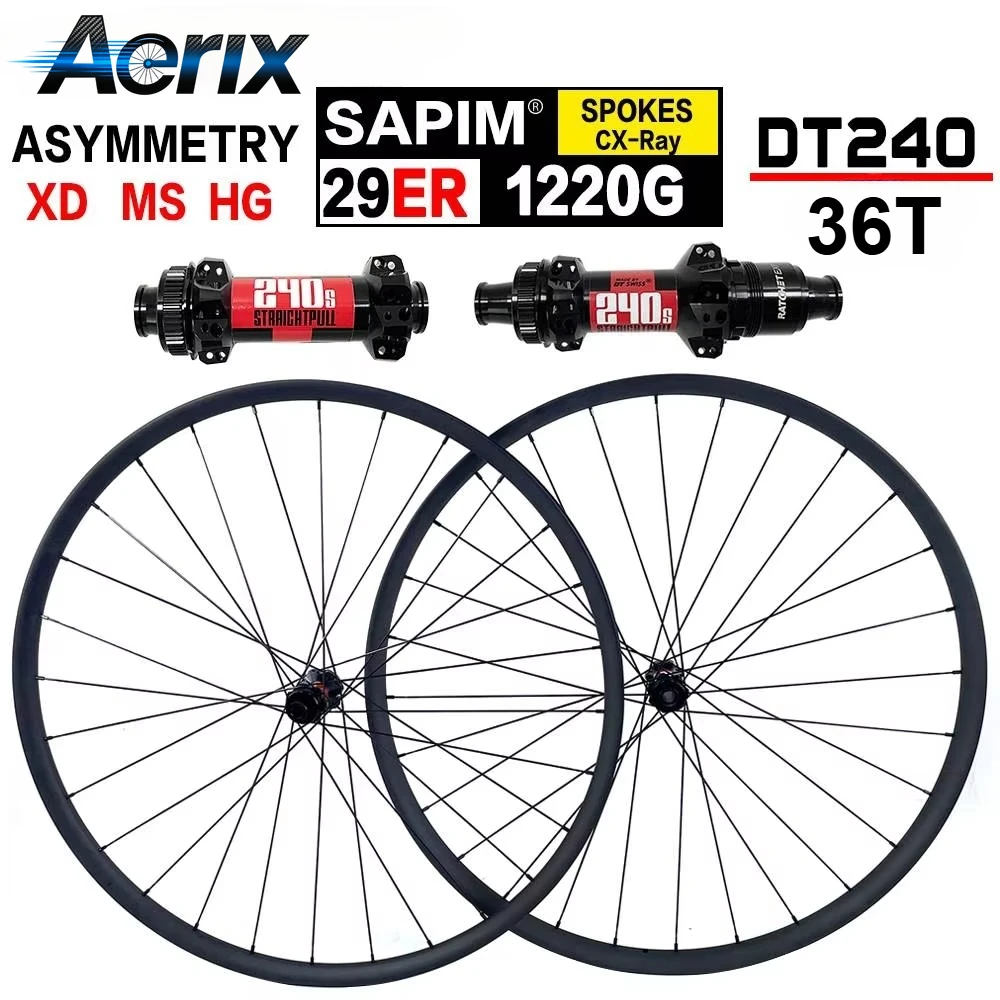 Карбоновый бескамерный колесный комплект для MTB 29ER BOOST 1220г T1000 с втулками DT240, спицами Sapim CX-Ray, 29' асимметричные карбоновые колеса для горного велосипеда