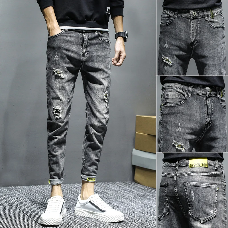 

Teenage High-End Men's Slim Fit Elastic Denim Jeans Tear Style Korean Fashion Nine Points Casual Spring Season Regular Thickness