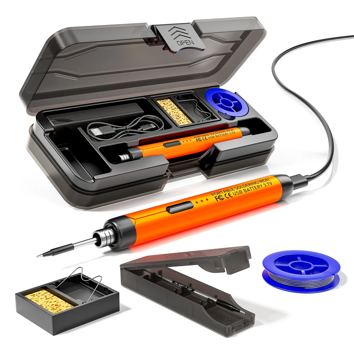 USB/Wireless Soldering Iron with 3-Temperature Settings, Includes Solder Wire, Stand, and Storage Case
