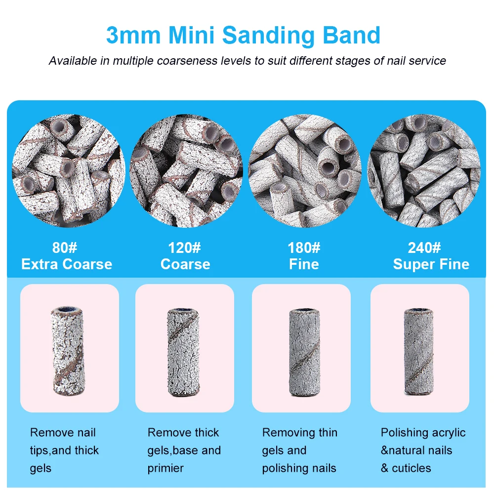 100/200 Stück 3 mm Nagelschleifbänder-Set mit Dorn – Schleifpapier mit Körnung 80/120/180/240 für Nagelbohrer, Maniküre, Pediküre, Salon – Detail 4