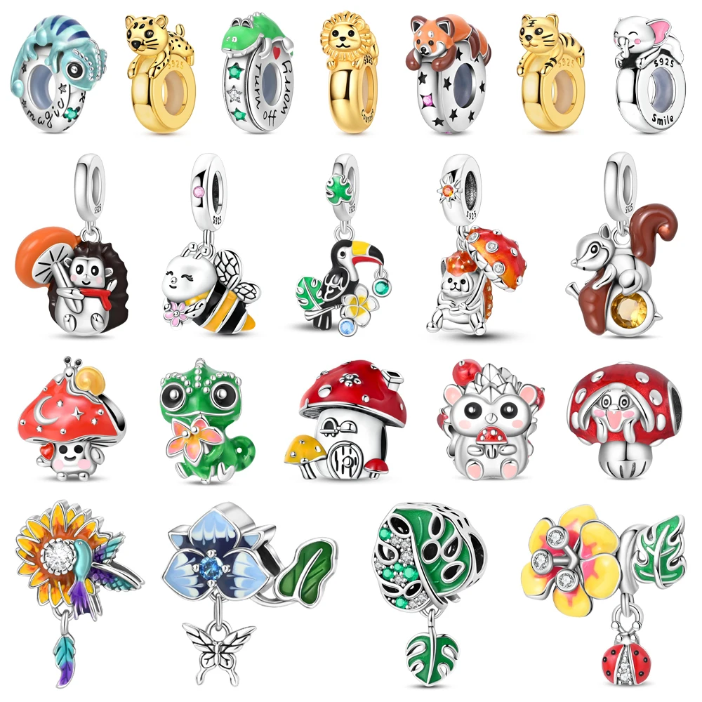 Abalorios de Plata de Ley 925 Coloridos con Forma de Hongo y Conejo y Colgante de Tucán para Pulsera, Hermosos Regalos de Boutique