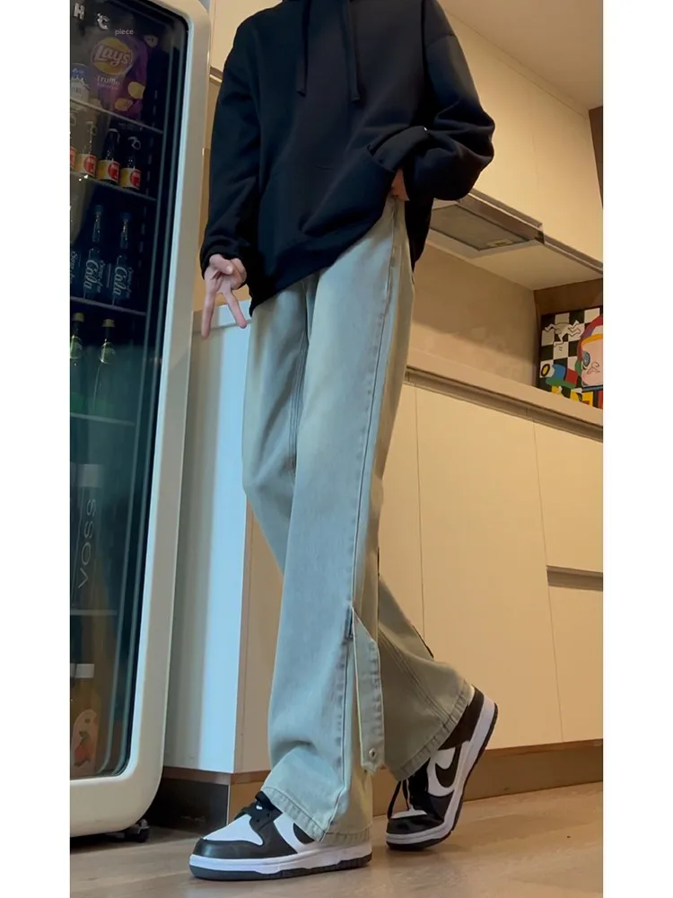 

Trendy Yellow Mud Denim Jeans High Waist Straight Leg Zipper Ba Men's Faion Sensation Pants Youthful Wear Resistant Long ...