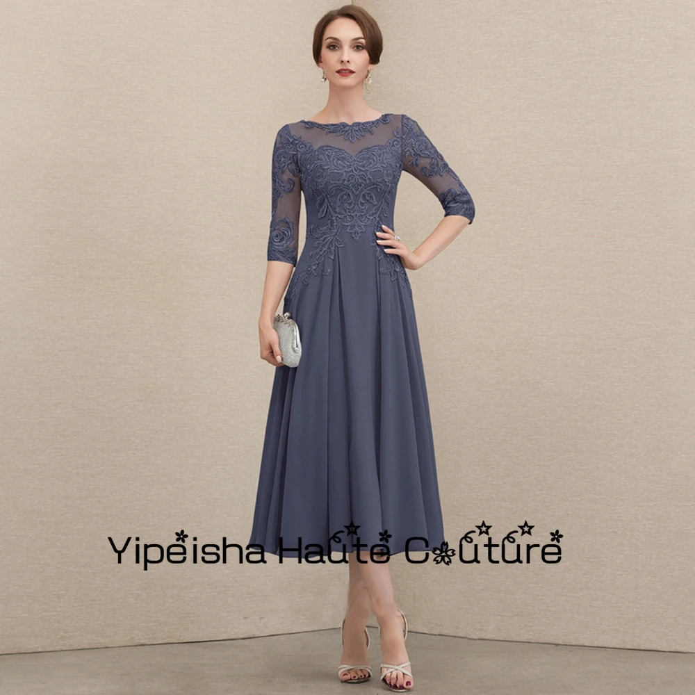 Yipeisha Scoop Tea Length Elegant Mother Of Bridal Dresses for Marriage Three Quarter Chiffon Wedding Party Gowns 2022 Summer