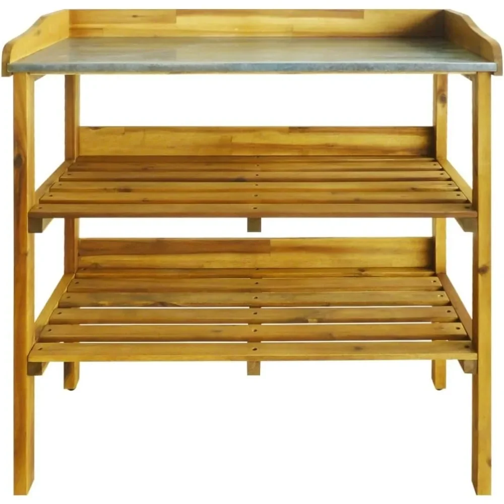 Potting Bench  Multipurpose Solid Acacia Wood  Weather Resistant with Zinc Tabletop  Easy Assembly  2 Shelves - Indoo