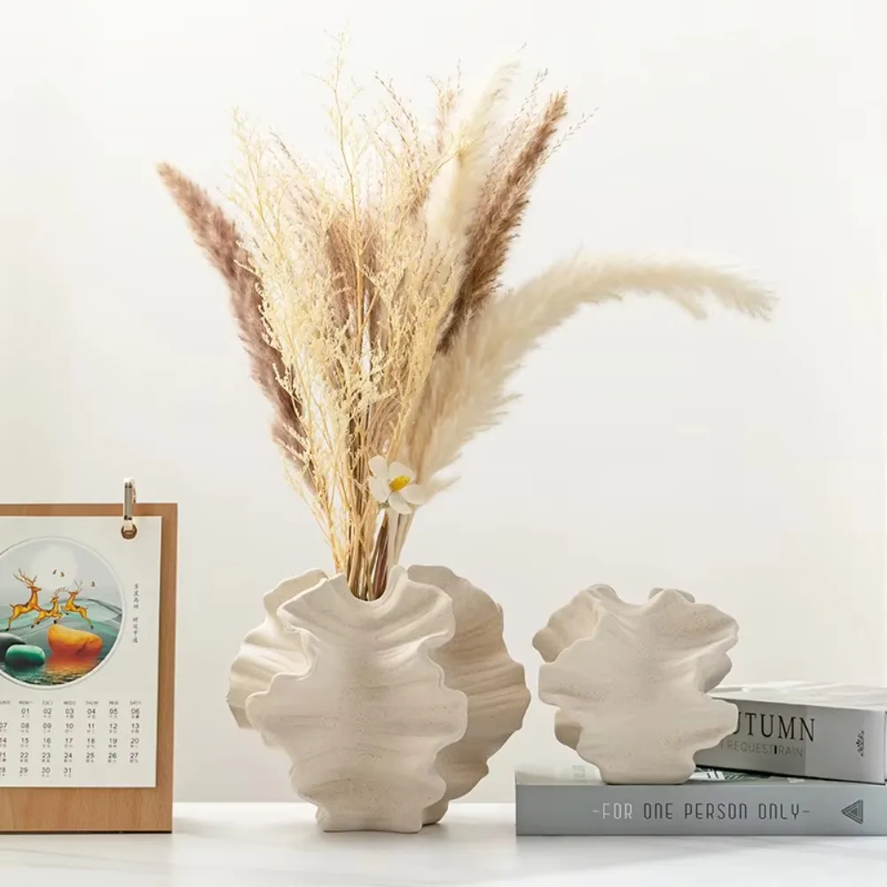 Ceramic Vase Geometric Wavy Pattern Petal Shape Porcelain Craft Flower Arrangement Container Home Decoration Table Ornament