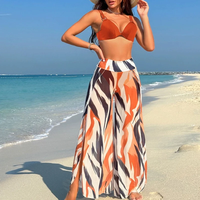 Conjunto de Bikini de tres piezas con gráfico bohemio para mujer, traje de baño y pantalones de playa con abertura alta, traje de baño para mujer, ropa de playa 2025