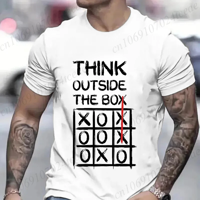 Retro Men's T-Shirt Think Outside The Box Print Short Sleeve T-Shirt Summer Casual Tees Top Loose Oversized T-Shirt for Men