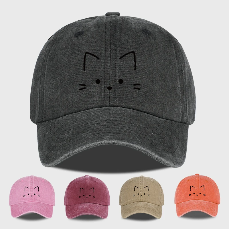 1 Vintage-Style Adjustable Washed Baseball Cap with a Cute Cat Print—a Fashionable Accessory for Outdoor Activities and Travel
