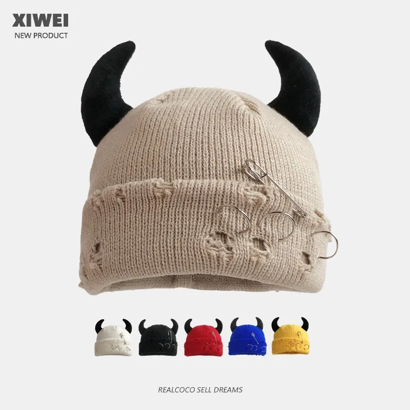 

Niche Autumn and Winter Personality Devil Horn Warm Knitted Hat for Men and Women Horn Pin Hole Short Brim Beanie Caps
