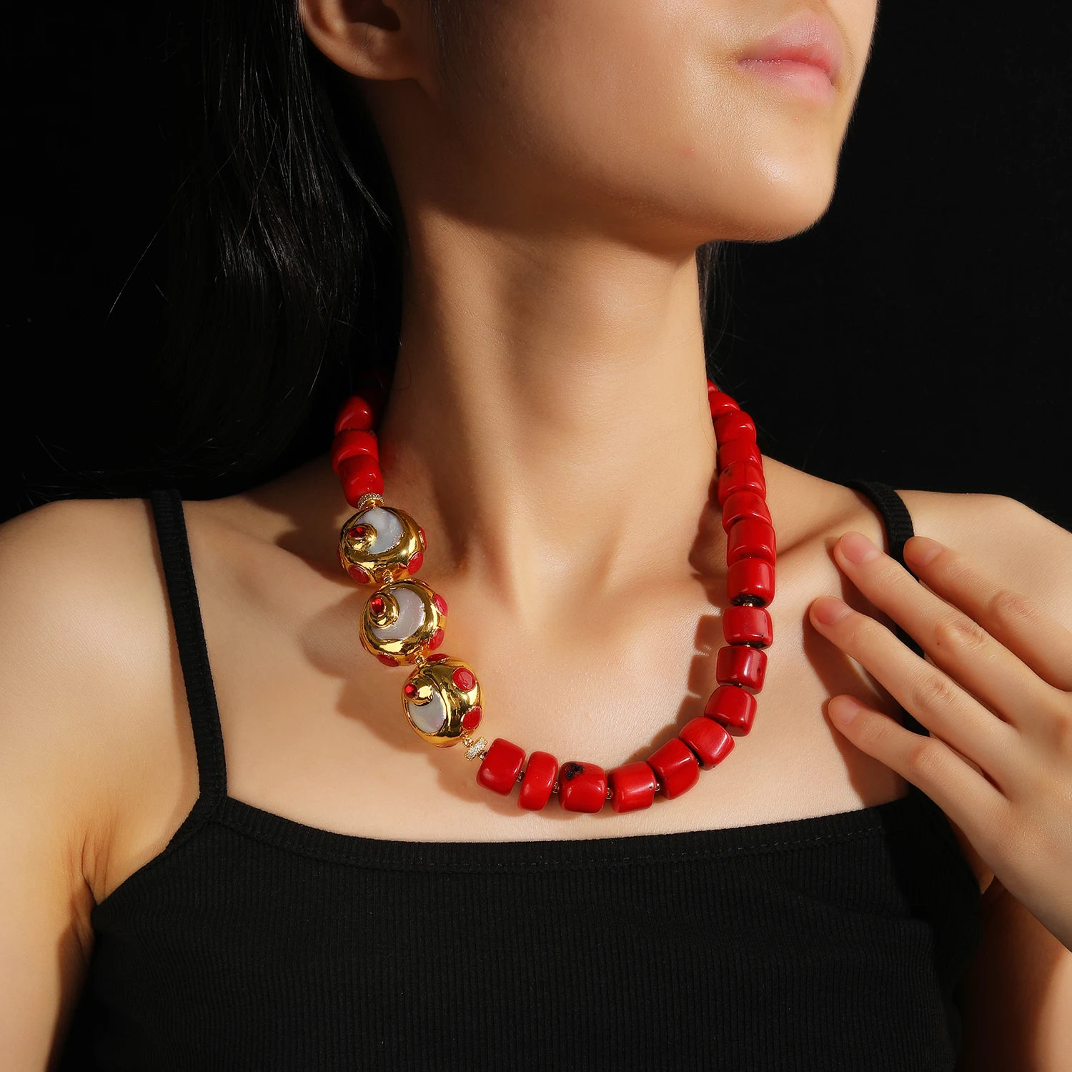 

Women's Vintage Fashion Necklace Red Coral Cylinder Freshwater Pearl Connector Link Beads for Engagement Festivals Holidays