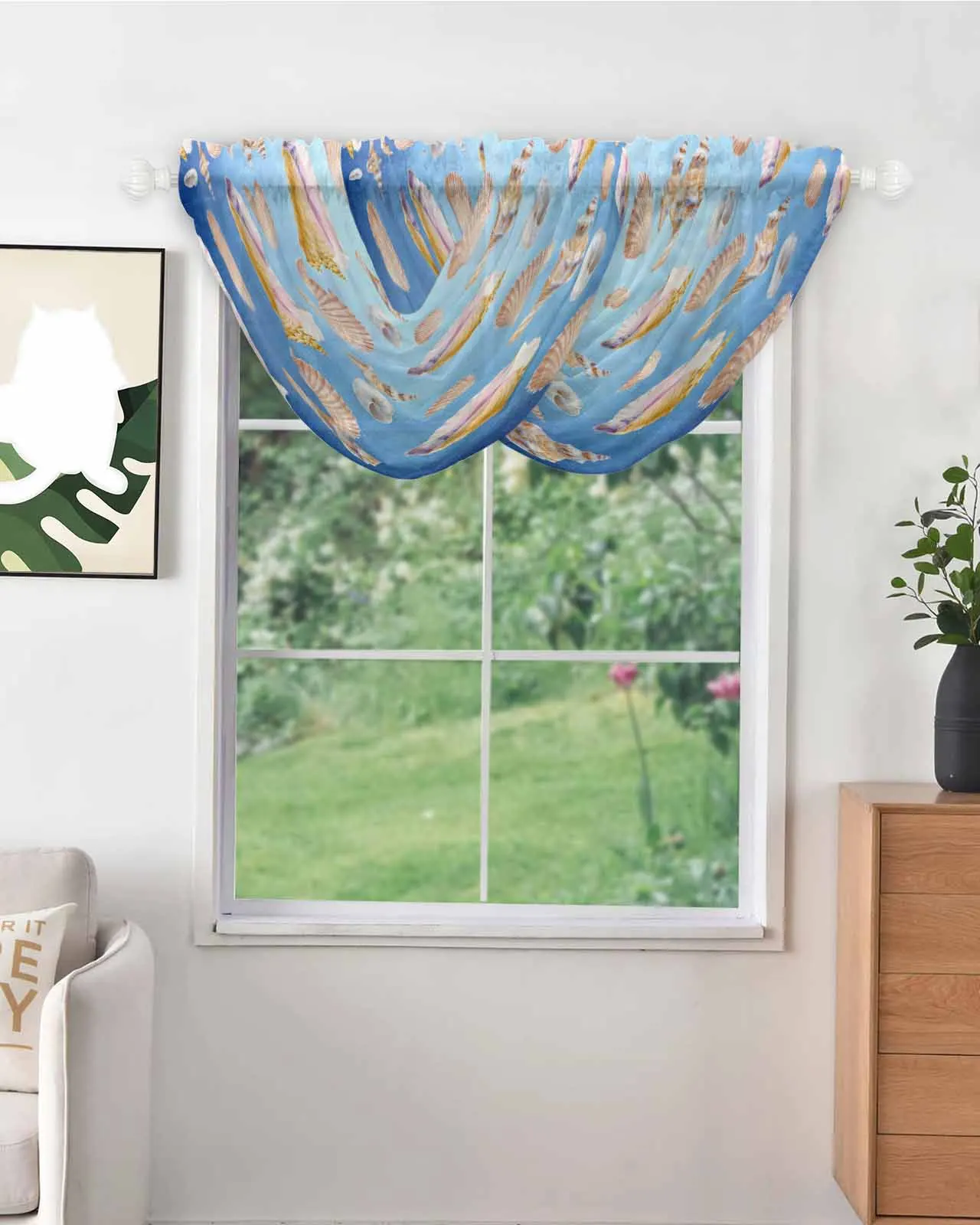 Watercolor Shell Ocean Vintage Rope Pearl Irregular Design High Quality Voile Window Curtains for Bedroom Balcony Sheer Drapes