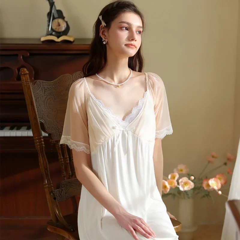 

Women Sexy V Neck Short Sleeve Nightdress Summer Mesh Long Nightgown Cute Princess Sleepwear Nightwear Lace Fairy Night Dress