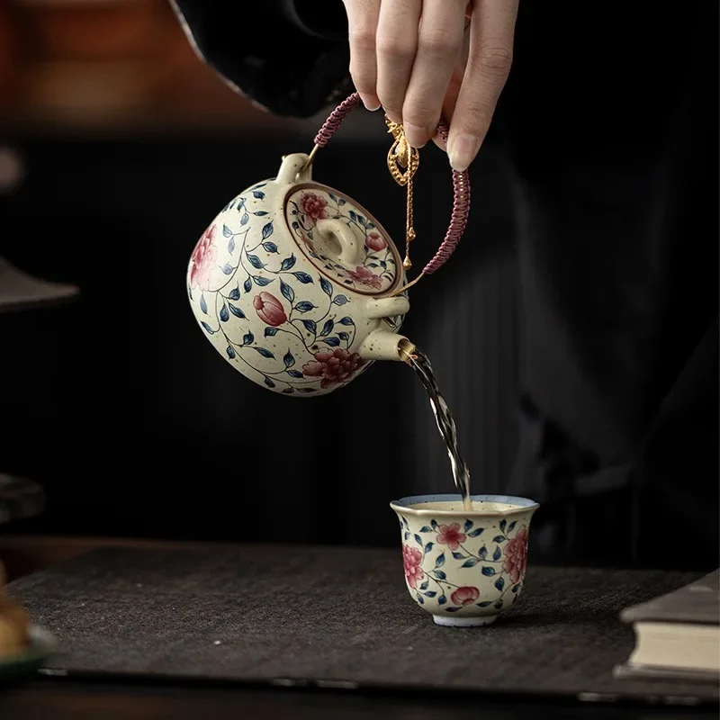 1PC Caramel Glaze Twisted Branches Peony Beam Pot with Slide Brewing Teapot Household Kung Fu Teacup Ball Hole Filter Tea Brewer