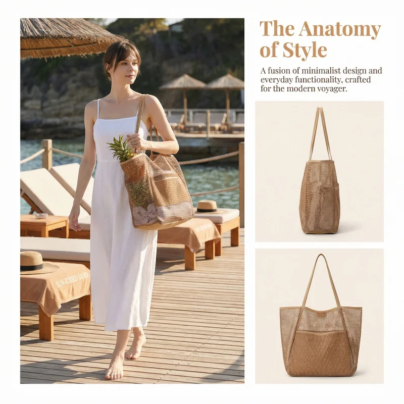 Summer Outdoor Travel Mesh Foldable Beach Bag Women's Handbag Shoulder Bag Lightweight Leisure Bag Beach Essential Bag view 2