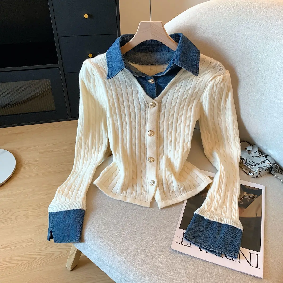 ブルーポロカラーアパレル レディースニットセーター インナーショートトップ フェイクツーピーススタイル 秋冬新作 カレッジスタイル