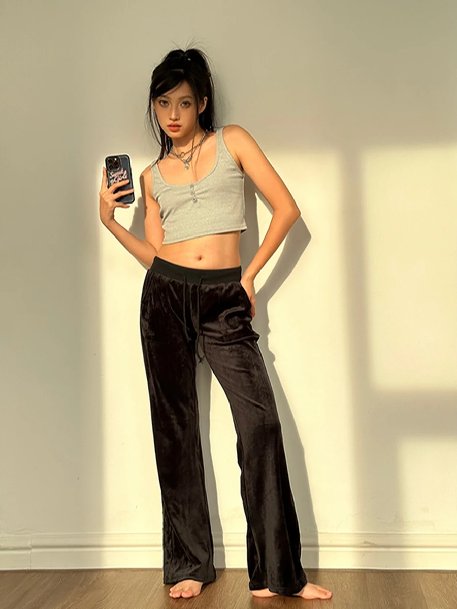 

Women Velvet Bell Pants High Waist Solid Color Flared Trousers Soft Comfy Palazzo Pants Drawstring Yoga Elasticated Lounge